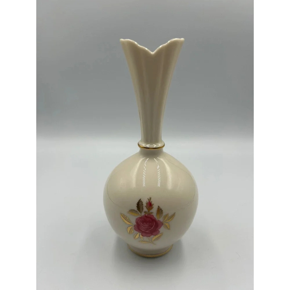 Lenox Ivory China Bud Vase Pink Rose Gold Trim Heart Shaped Rim Made in USA
